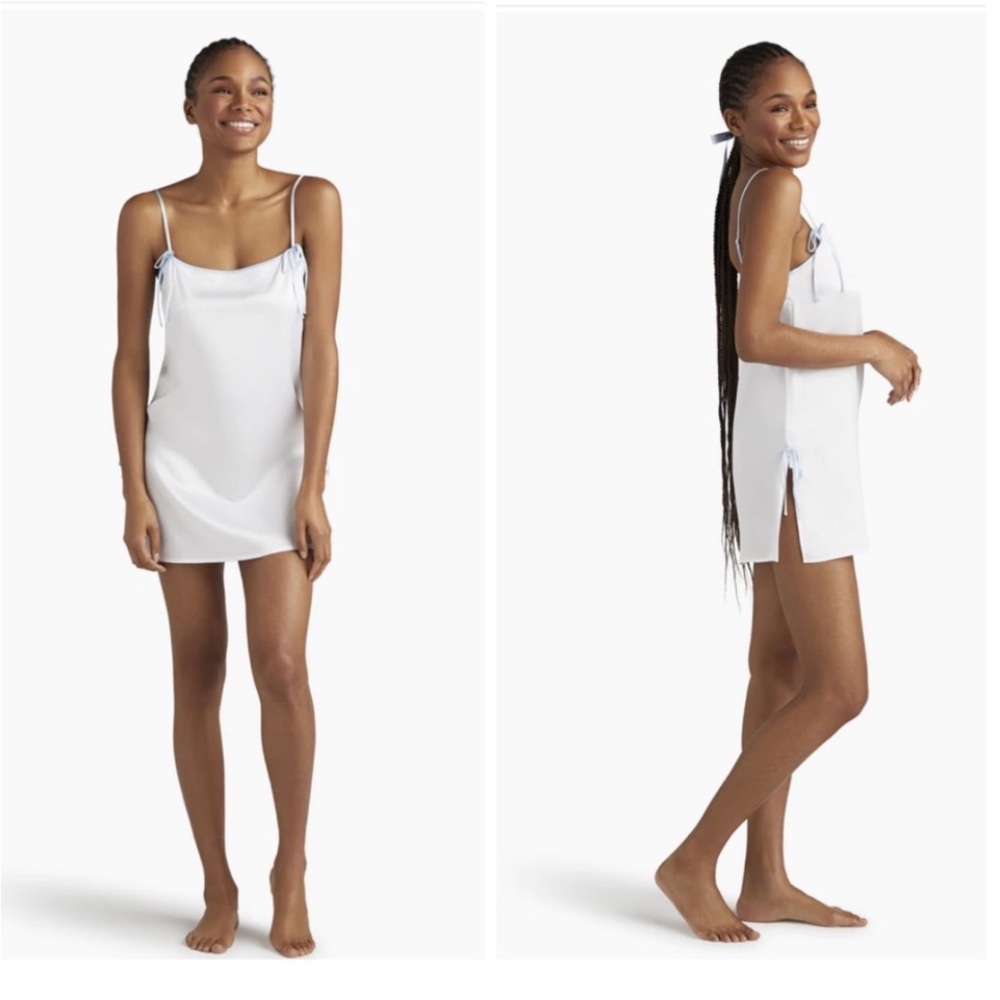 NWT HILL HOUSE Tati 100% Silk White Beautiful Teddy w/ pale Blue Ties Size Med